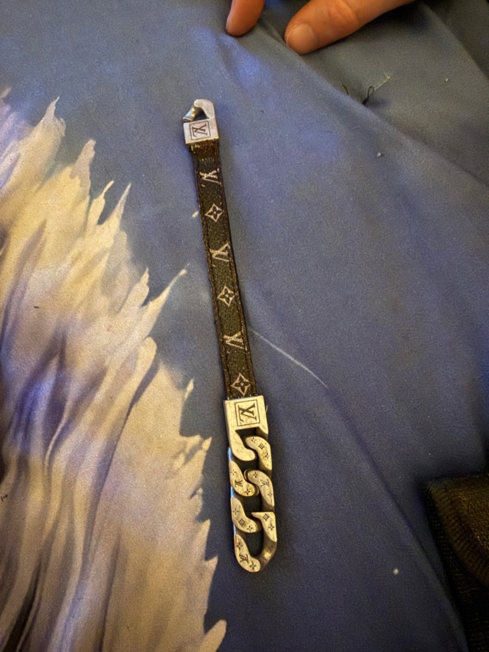 Louis Vuitton Monogram Leather Bracelet with Silver-Tone Chain